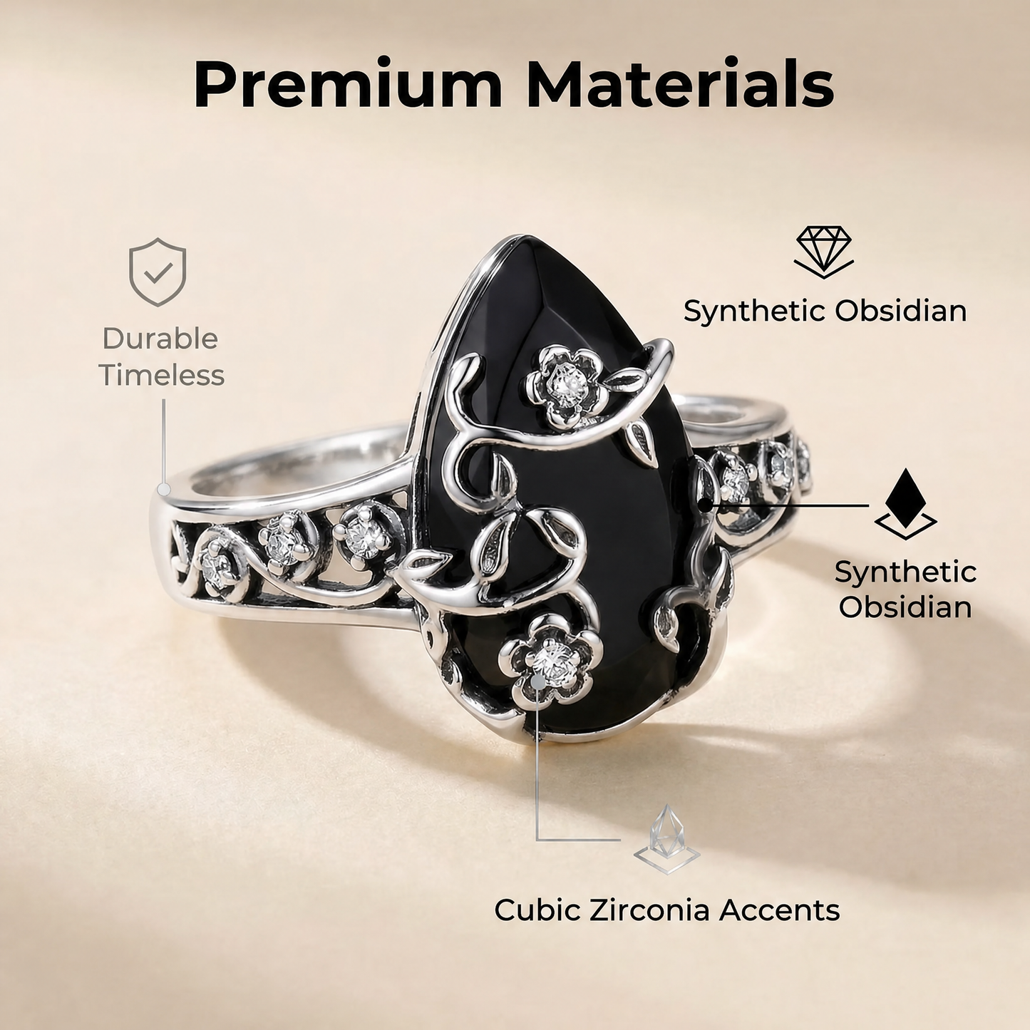 925 Sterling Silver Synthetic Obsidian Ring with Vintage Flower Design, Elegant Black Lab Grown Diamond Ring Jewelry for Women, Energy Crystal Ring Perfect for Daily Wear and Birthday Party, Mother's day Gift