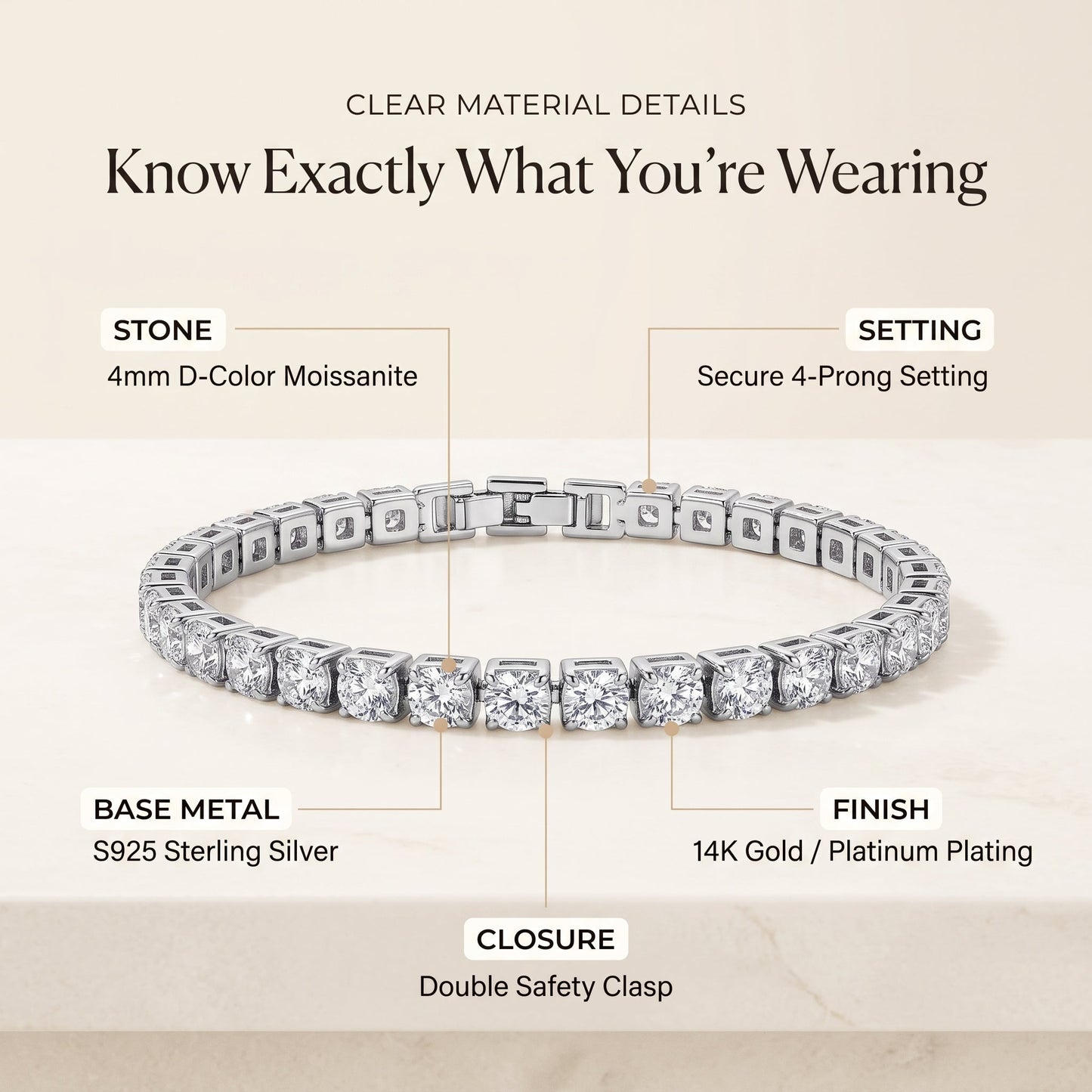 Classic 4mm D-Color Moissanite Tennis Bracelet – 14K Gold Plated with Double Safety Clasp-Last Day Sale-90% OFF🔥
