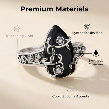 [Last 5 minutes!] 925 Sterling Silver Synthetic Obsidian Ring with Vintage Flower Design