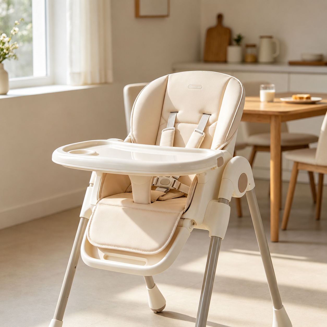 3-Position Reclining Baby High Chair, Easy Clean PU Cushion Toddler Feeding Chair