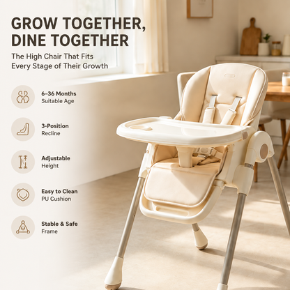 3-Position Reclining Baby High Chair, Easy Clean PU Cushion Toddler Feeding Chair
