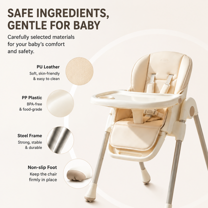 3-Position Reclining Baby High Chair, Easy Clean PU Cushion Toddler Feeding Chair