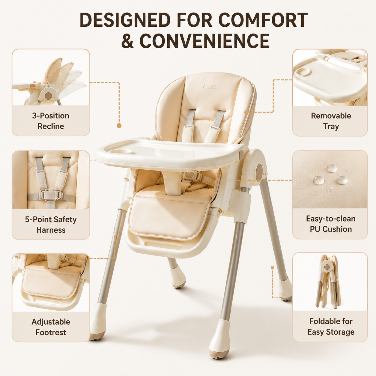 3-Position Reclining Baby High Chair, Easy Clean PU Cushion Toddler Feeding Chair