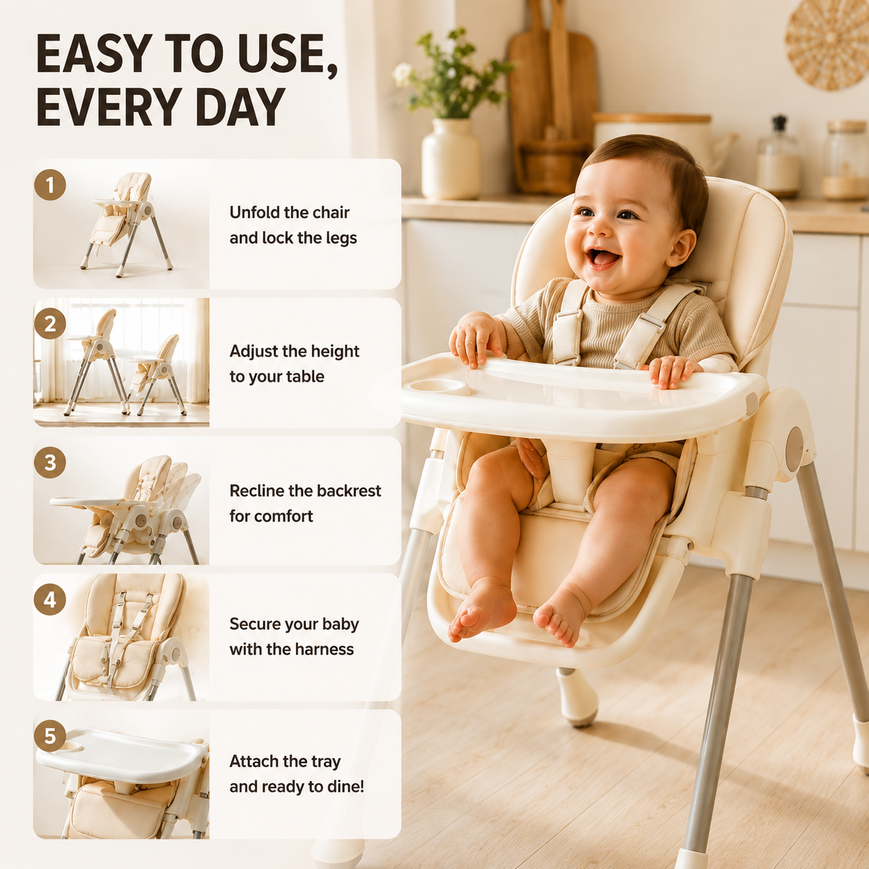 3-Position Reclining Baby High Chair, Easy Clean PU Cushion Toddler Feeding Chair