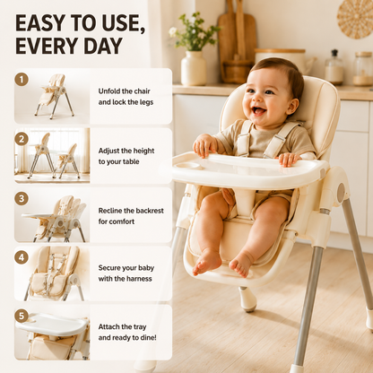 3-Position Reclining Baby High Chair, Easy Clean PU Cushion Toddler Feeding Chair
