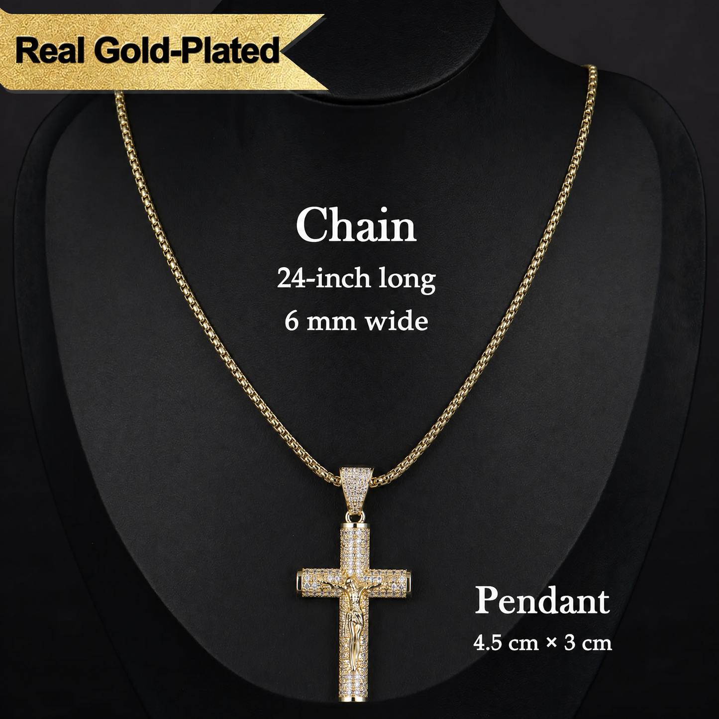 60% OFF! ✝️ Jesus Crucifix Pendant Necklace - 14K Real Gold-Plated Cross Necklace for Men, Advanced Nanotech Tarnish-Free Cuban Figaro Rope Miami Chains with Jesus Crucifix Pendant, 24” Long , Christian Religious Jewelry Gift