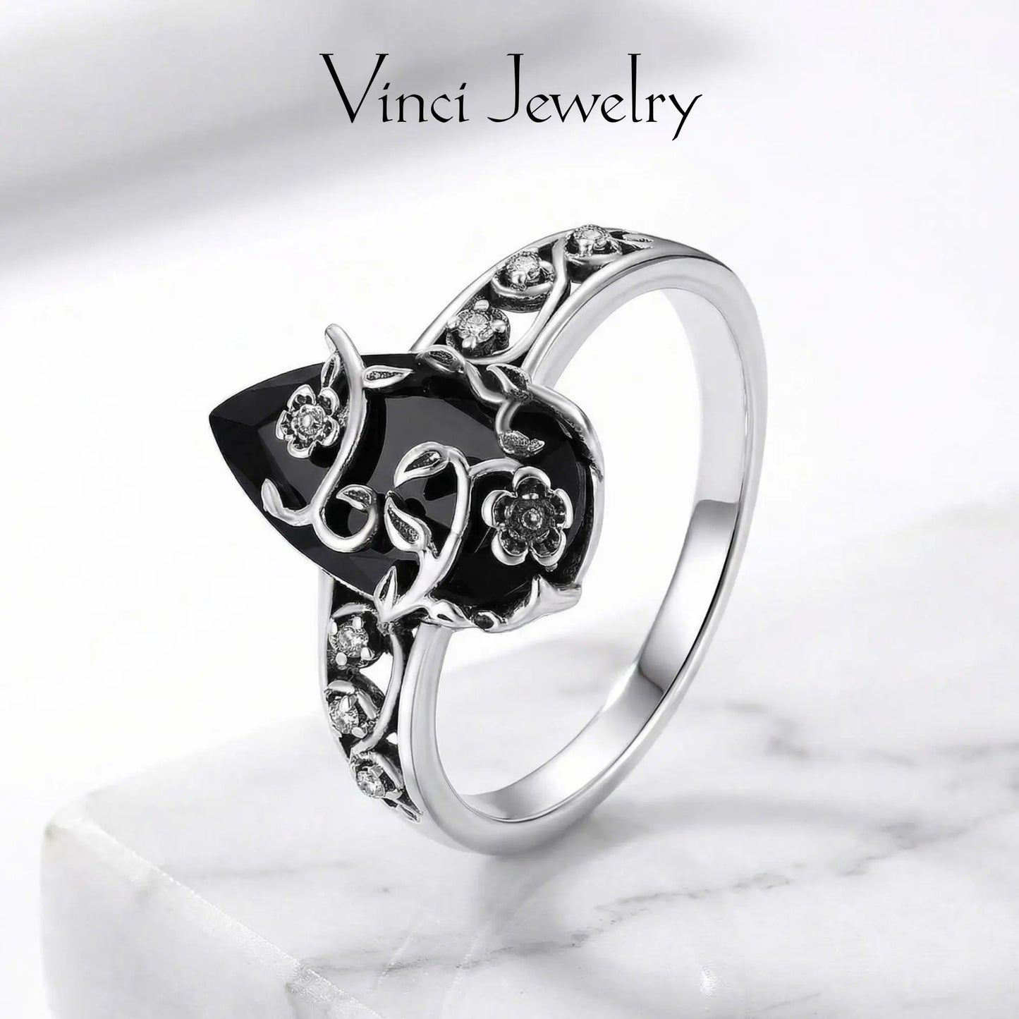 925 Sterling Silver Synthetic Obsidian Ring with Vintage Flower Design, Elegant Black Lab Grown Diamond Ring Jewelry for Women, Energy Crystal Ring Perfect for Daily Wear and Birthday Party, Mother's day Gift