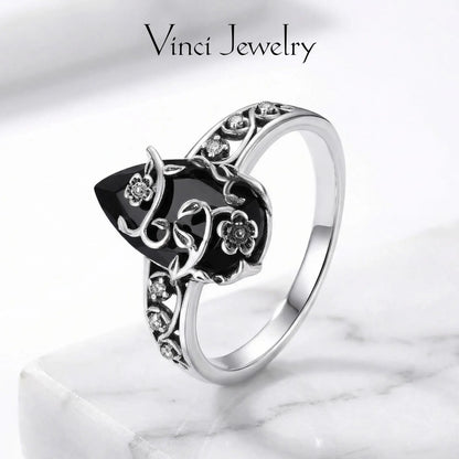 925 Sterling Silver Synthetic Obsidian Ring with Vintage Flower Design, Elegant Black Lab Grown Diamond Ring Jewelry for Women, Energy Crystal Ring Perfect for Daily Wear and Birthday Party, Mother's day Gift