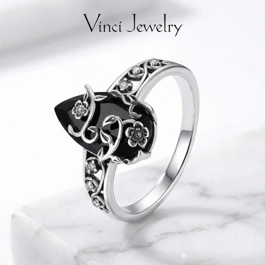 925 Sterling Silver Synthetic Obsidian Ring with Vintage Flower Design, Elegant Black Lab Grown Diamond Ring Jewelry for Women, Energy Crystal Ring Perfect for Daily Wear and Birthday Party, Mother's day Gift
