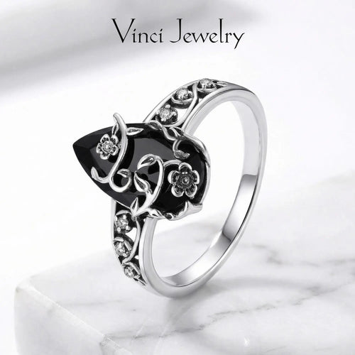 [Last 5 minutes!] 925 Sterling Silver Synthetic Obsidian Ring with Vintage Flower Design