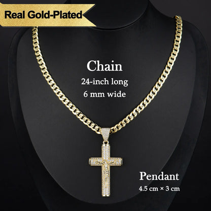 60% OFF! ✝️ Jesus Crucifix Pendant Necklace - 14K Real Gold-Plated Cross Necklace for Men, Advanced Nanotech Tarnish-Free Cuban Figaro Rope Miami Chains with Jesus Crucifix Pendant, 24” Long , Christian Religious Jewelry Gift