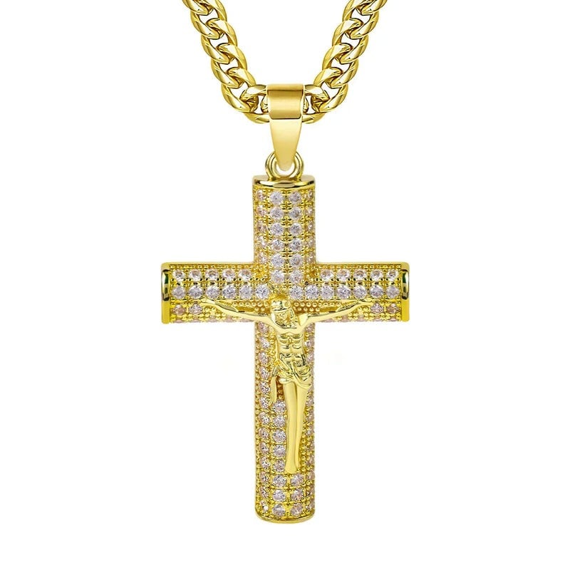60% OFF! ✝️ Jesus Crucifix Pendant Necklace - 14K Real Gold-Plated Cross Necklace for Men, Advanced Nanotech Tarnish-Free Cuban Figaro Rope Miami Chains with Jesus Crucifix Pendant, 24” Long , Christian Religious Jewelry Gift