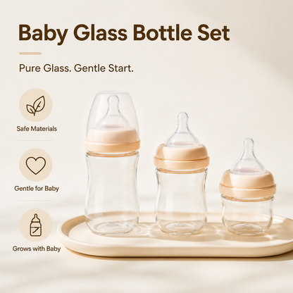 Newborn Glass Baby Bottle Set, Anti-Colic Borosilicate Glass Bottles for Infants