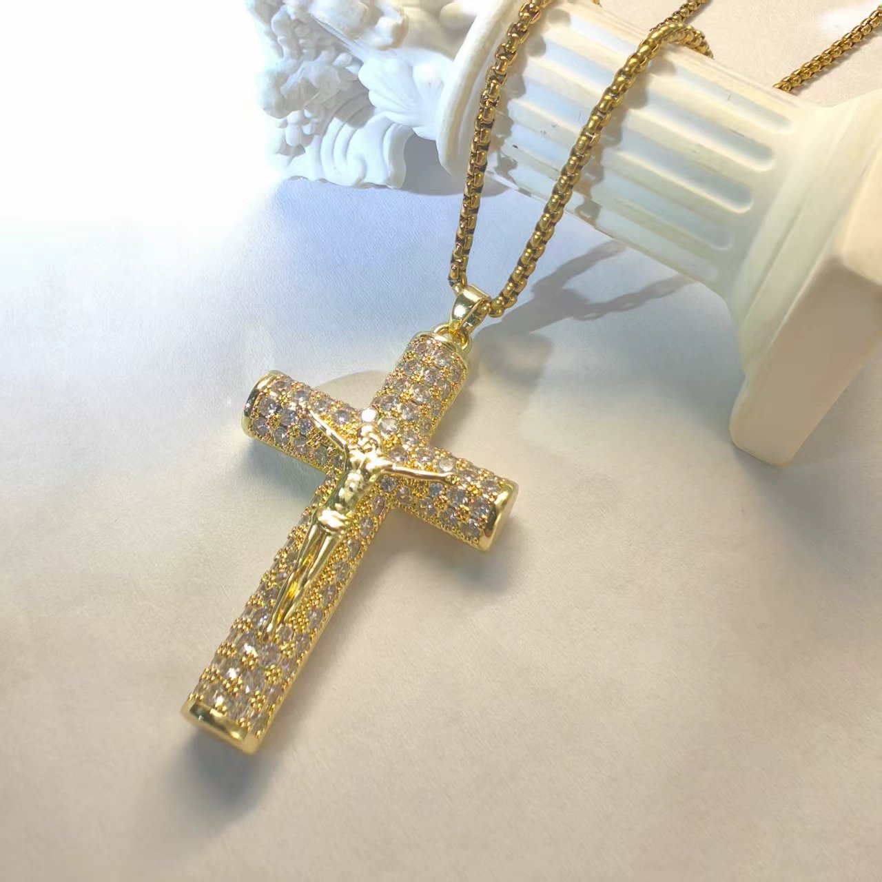 60% OFF! ✝️ Jesus Crucifix Pendant Necklace - 14K Real Gold-Plated Cross Necklace for Men, Advanced Nanotech Tarnish-Free Cuban Figaro Rope Miami Chains with Jesus Crucifix Pendant, 24” Long , Christian Religious Jewelry Gift
