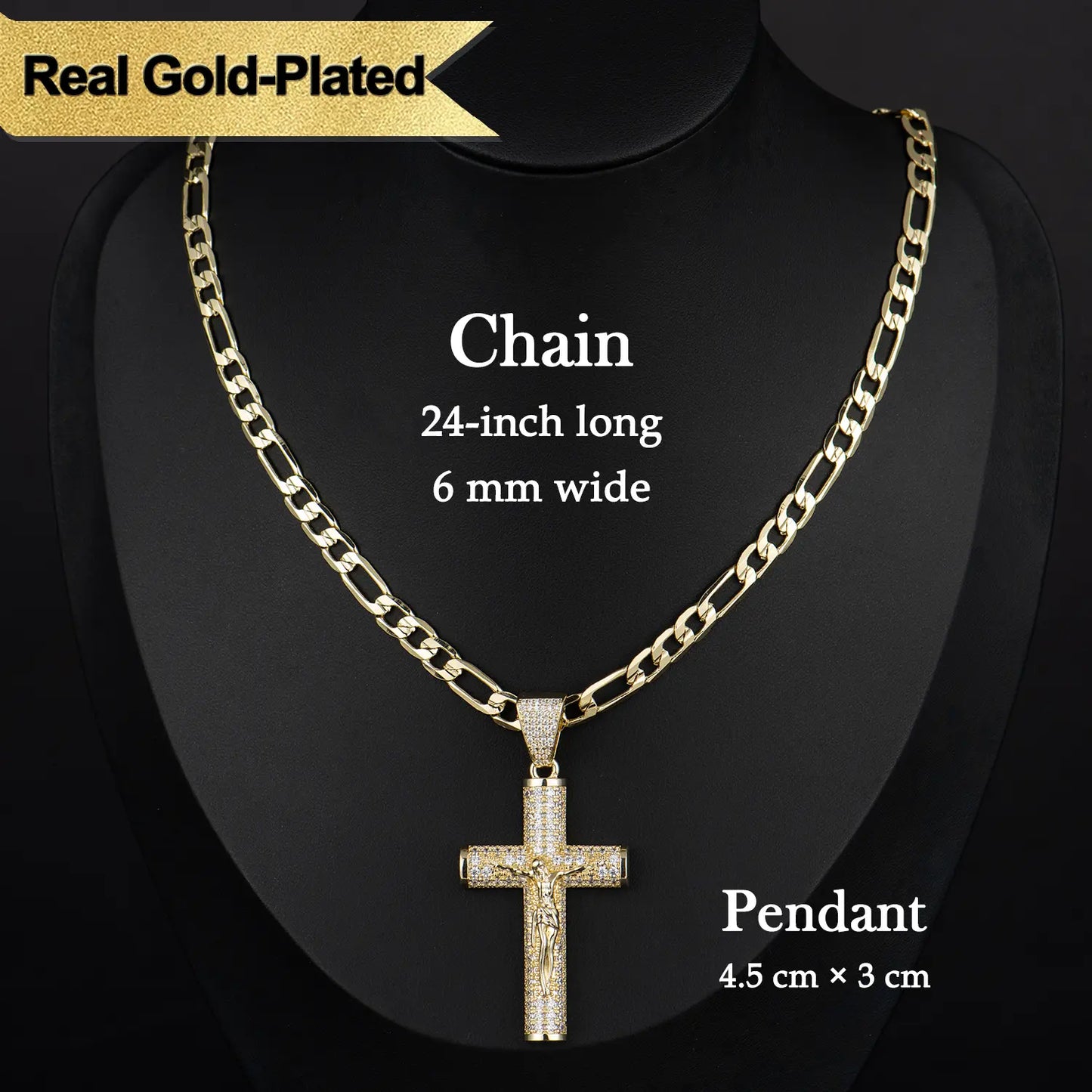 60% OFF! ✝️ Jesus Crucifix Pendant Necklace - 14K Real Gold-Plated Cross Necklace for Men, Advanced Nanotech Tarnish-Free Cuban Figaro Rope Miami Chains with Jesus Crucifix Pendant, 24” Long , Christian Religious Jewelry Gift