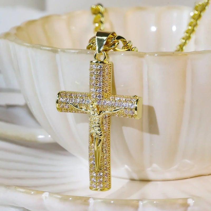 60% OFF! ✝️ Jesus Crucifix Pendant Necklace - 14K Real Gold-Plated Cross Necklace for Men, Advanced Nanotech Tarnish-Free Cuban Figaro Rope Miami Chains with Jesus Crucifix Pendant, 24” Long , Christian Religious Jewelry Gift