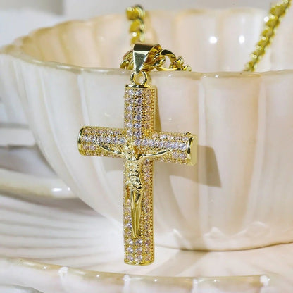 60% OFF! ✝️ Jesus Crucifix Pendant Necklace - 14K Real Gold-Plated Cross Necklace for Men, Advanced Nanotech Tarnish-Free Cuban Figaro Rope Miami Chains with Jesus Crucifix Pendant, 24” Long , Christian Religious Jewelry Gift