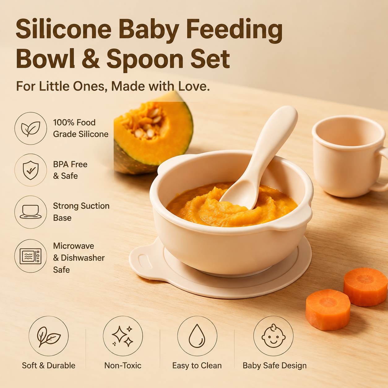 Food-Grade Silicone Baby Feeding Bowl, Strong Suction Base Anti-Spill Training Bowl