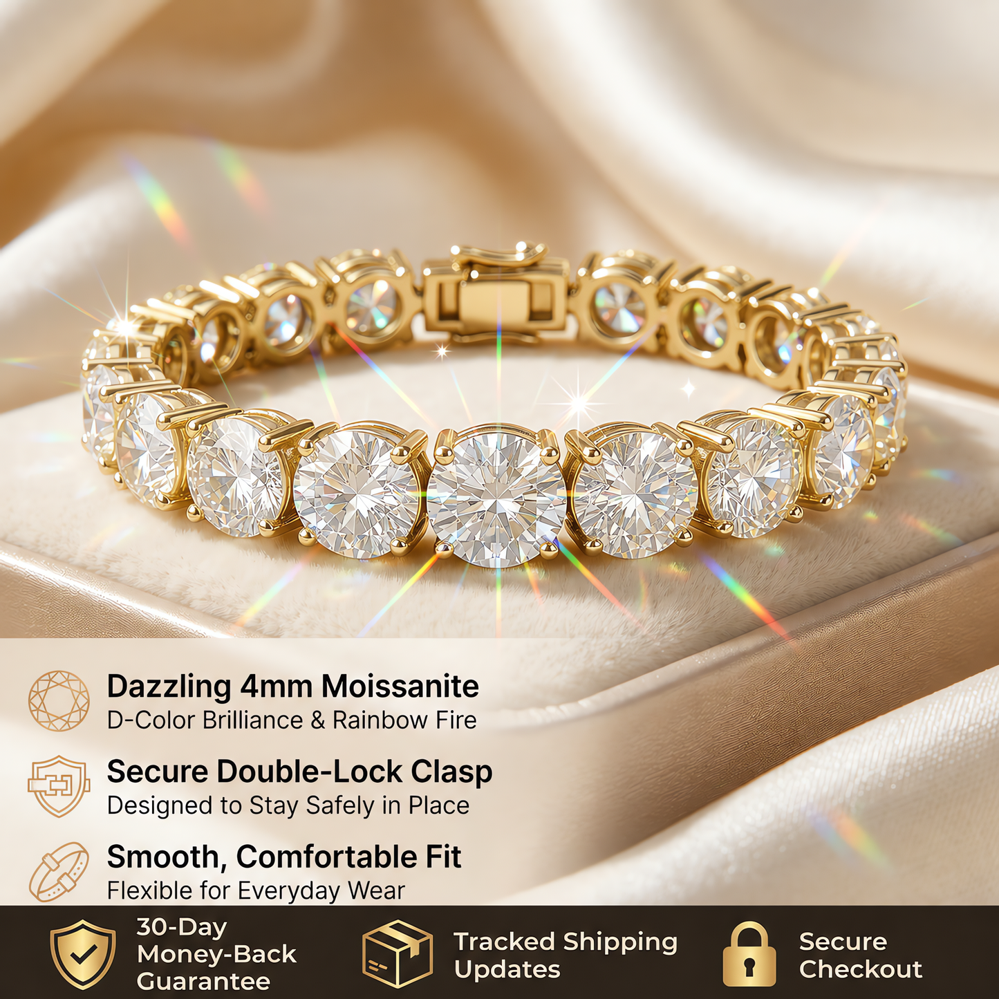 [Last day – 90% off!] Classic 4mm D-Color Moissanite Tennis Bracelet – 14K Gold Plated with Double Safety Clasp-Last Day Sale-90% OFF🔥
