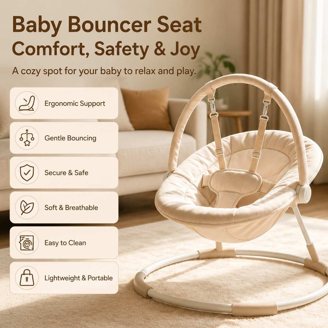 Baby Bouncer with 5-Point Harness, Anti-Tip Toddler Bouncy Seat