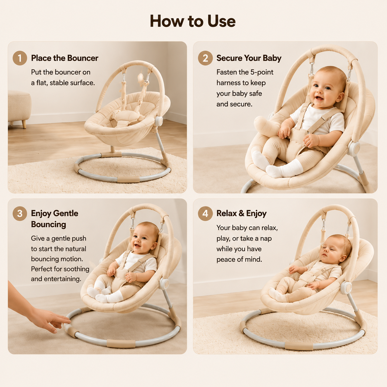 Baby Bouncer with 5-Point Harness, Anti-Tip Toddler Bouncy Seat