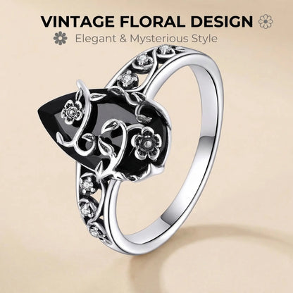 925 Sterling Silver Synthetic Obsidian Ring with Vintage Flower Design, Elegant Black Lab Grown Diamond Ring Jewelry for Women, Energy Crystal Ring Perfect for Daily Wear and Birthday Party, Mother's day Gift