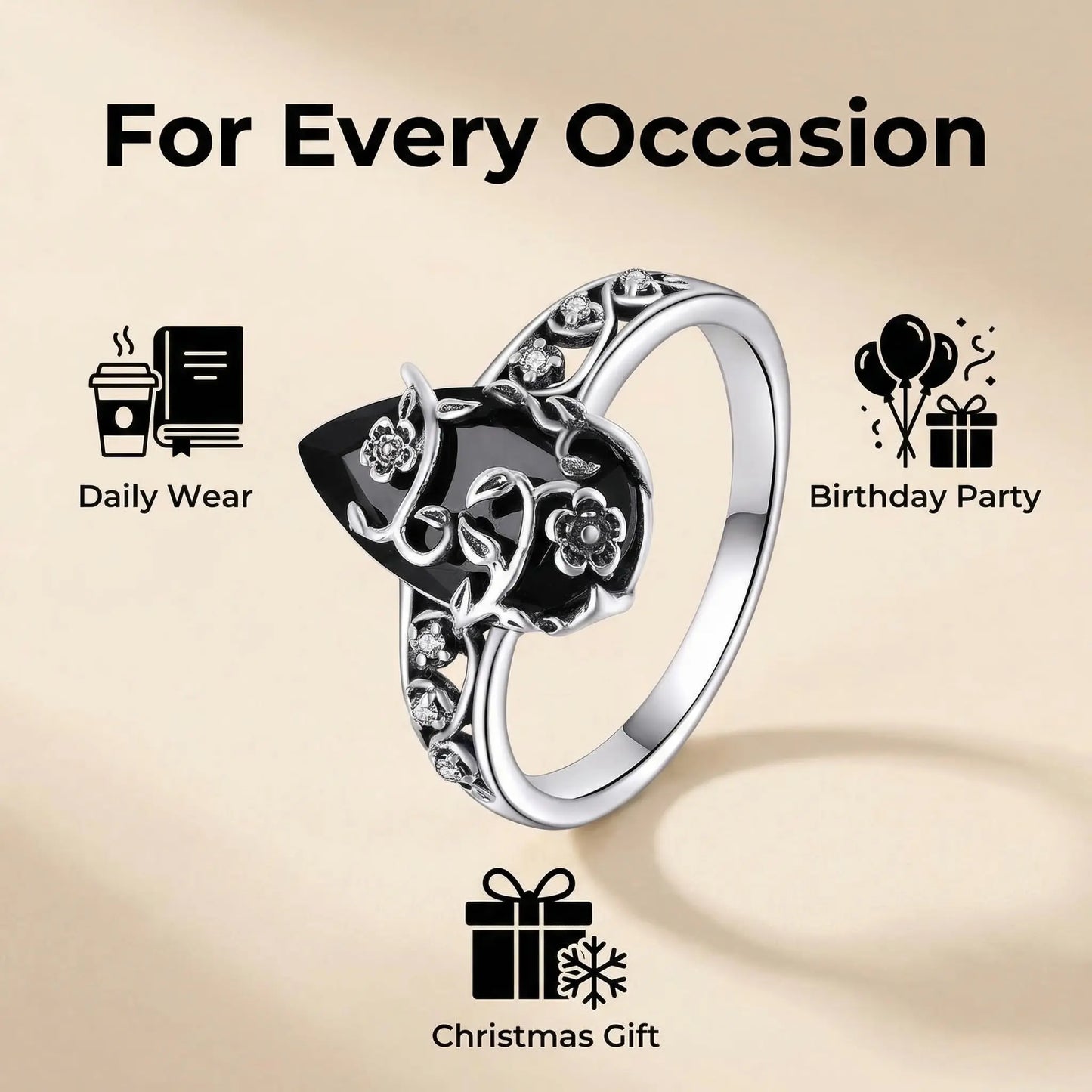 925 Sterling Silver Synthetic Obsidian Ring with Vintage Flower Design, Elegant Black Lab Grown Diamond Ring Jewelry for Women, Energy Crystal Ring Perfect for Daily Wear and Birthday Party, Mother's day Gift