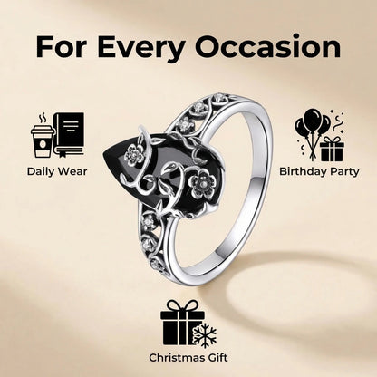 925 Sterling Silver Synthetic Obsidian Ring with Vintage Flower Design, Elegant Black Lab Grown Diamond Ring Jewelry for Women, Energy Crystal Ring Perfect for Daily Wear and Birthday Party, Mother's day Gift