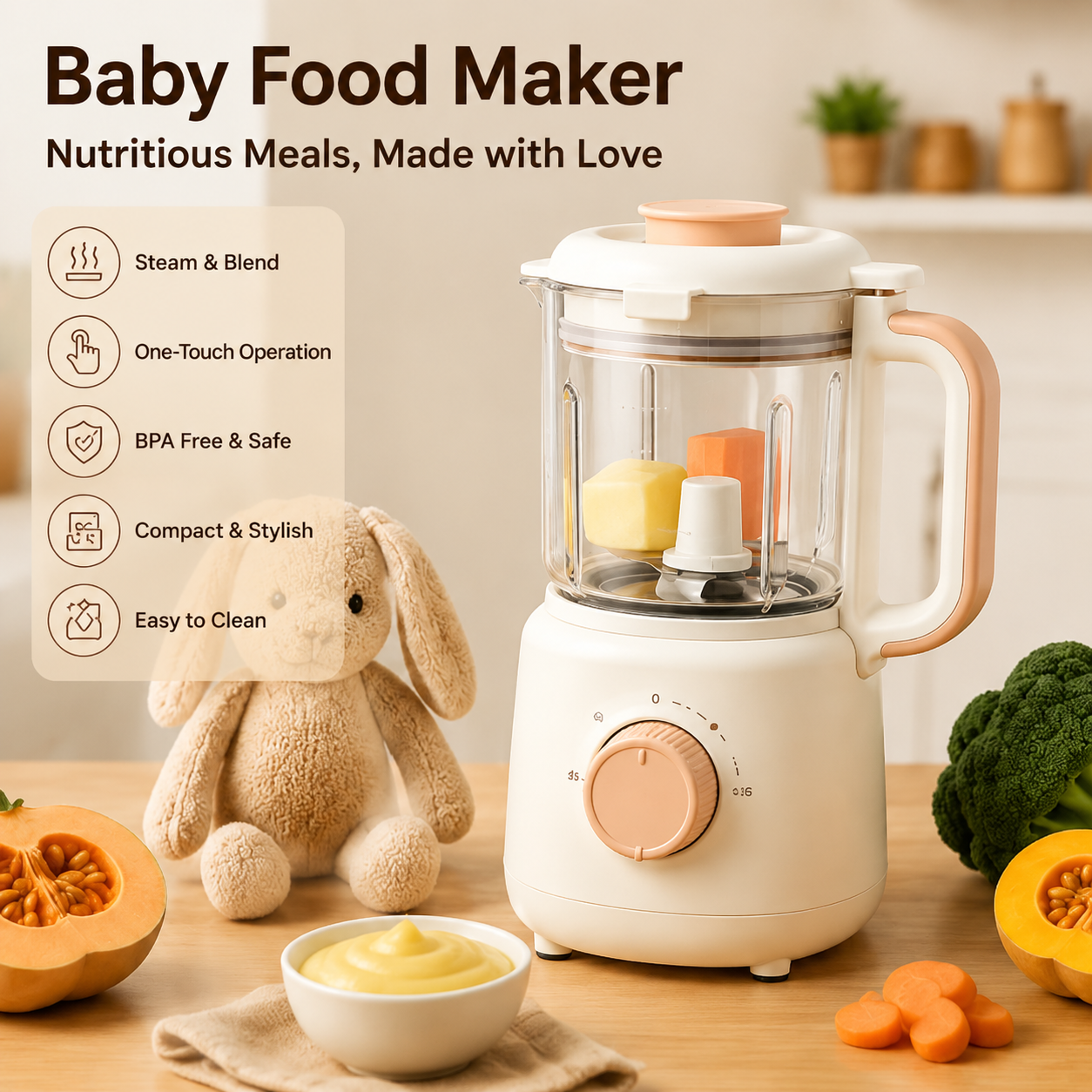 Multi-Functional Baby Food Blender, Glass Steam Cooker for Homemade Purees