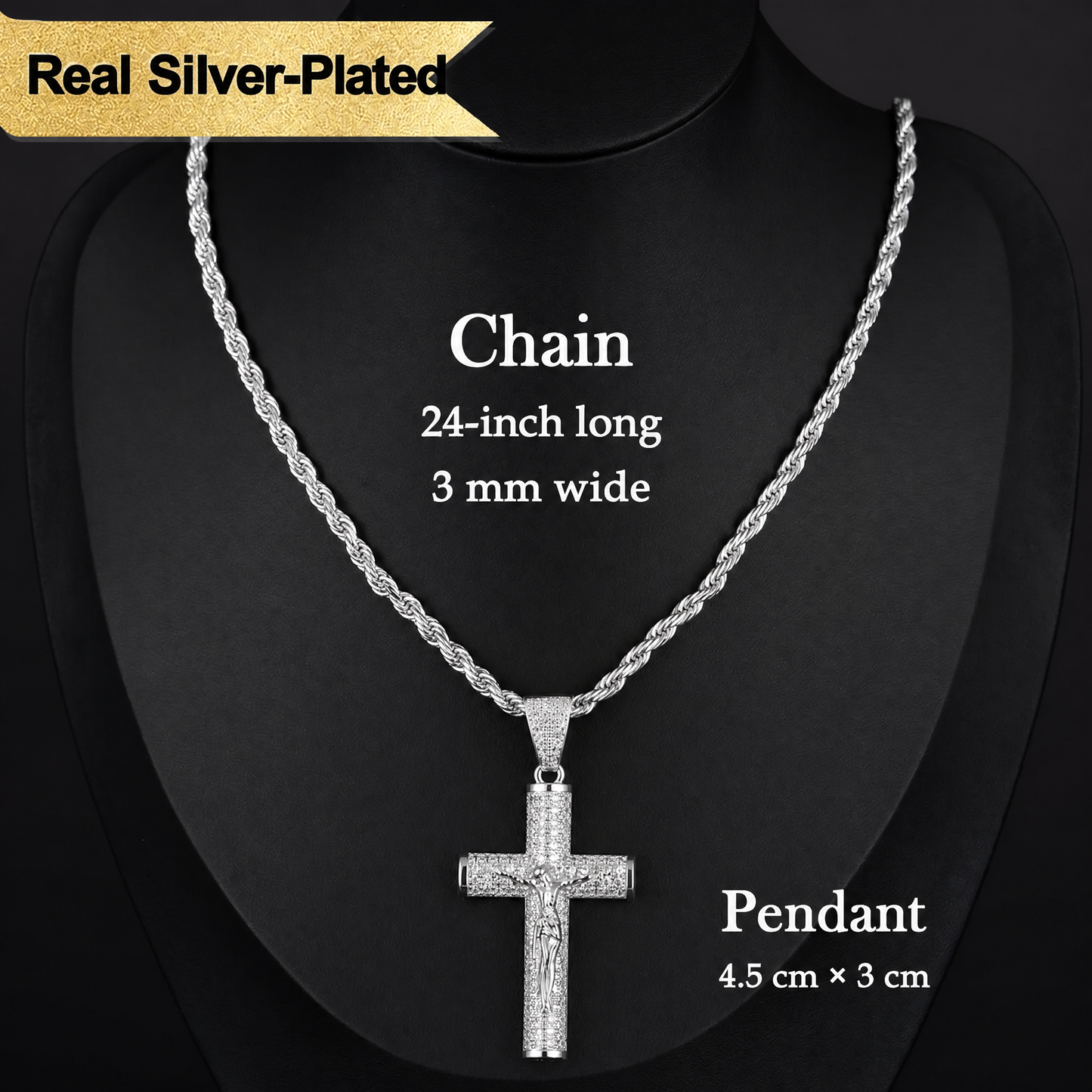 70% OFF! ✝️ Jesus Crucifix Pendant Necklace - Solid 925 Sterling Silver Cross Necklace for Men, Tarnish-Resistant Cuban Figaro Rope Miami Chains with Jesus Crucifix Pendant, 24" Long, Christian Religious Jewelry Gift