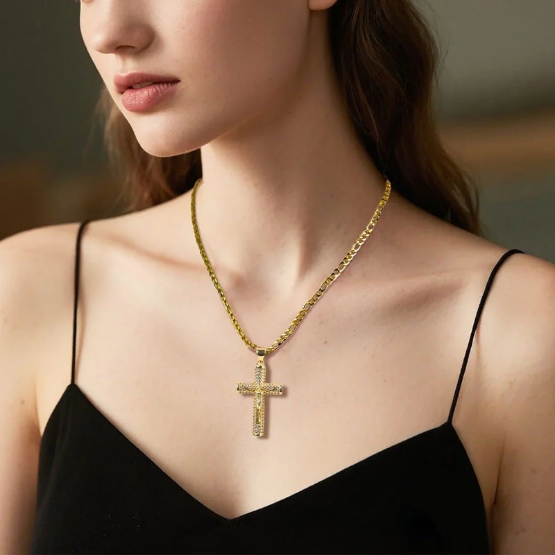 60% OFF! ✝️ Jesus Crucifix Pendant Necklace - 14K Real Gold-Plated Cross Necklace for Men, Advanced Nanotech Tarnish-Free Cuban Figaro Rope Miami Chains with Jesus Crucifix Pendant, 24” Long , Christian Religious Jewelry Gift