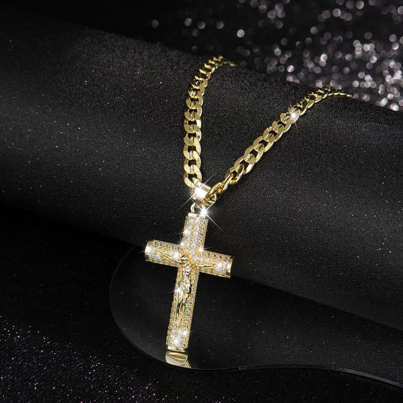 60% OFF! ✝️ Jesus Crucifix Pendant Necklace - 14K Real Gold-Plated Cross Necklace for Men, Advanced Nanotech Tarnish-Free Cuban Figaro Rope Miami Chains with Jesus Crucifix Pendant, 24” Long , Christian Religious Jewelry Gift