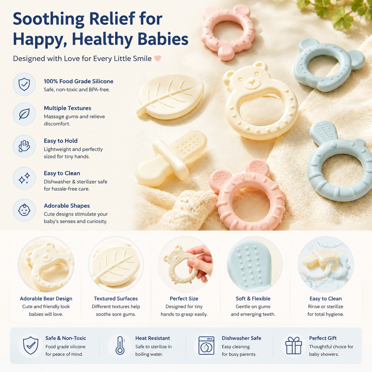 Refrigeratable Baby Teething Toys, Cute Shapes Infant Teether for Teething Relief