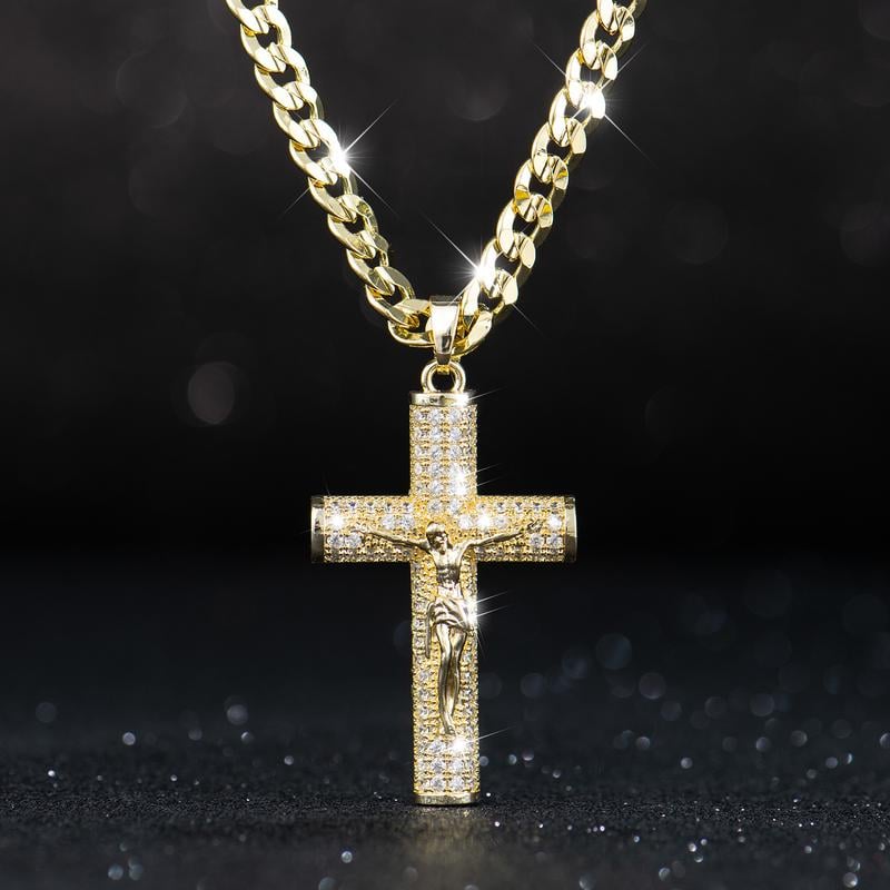 60% OFF! ✝️ Jesus Crucifix Pendant Necklace - 14K Real Gold-Plated Cross Necklace for Men, Advanced Nanotech Tarnish-Free Cuban Figaro Rope Miami Chains with Jesus Crucifix Pendant, 24” Long , Christian Religious Jewelry Gift