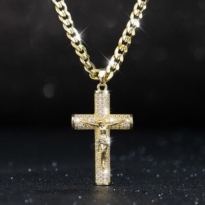 60% OFF! ✝️ Jesus Crucifix Pendant Necklace - 14K Real Gold-Plated Cross Necklace for Men, Advanced Nanotech Tarnish-Free Cuban Figaro Rope Miami Chains with Jesus Crucifix Pendant, 24” Long , Christian Religious Jewelry Gift