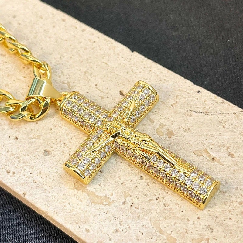 60% OFF! ✝️ Jesus Crucifix Pendant Necklace - 14K Real Gold-Plated Cross Necklace for Men, Advanced Nanotech Tarnish-Free Cuban Figaro Rope Miami Chains with Jesus Crucifix Pendant, 24” Long , Christian Religious Jewelry Gift