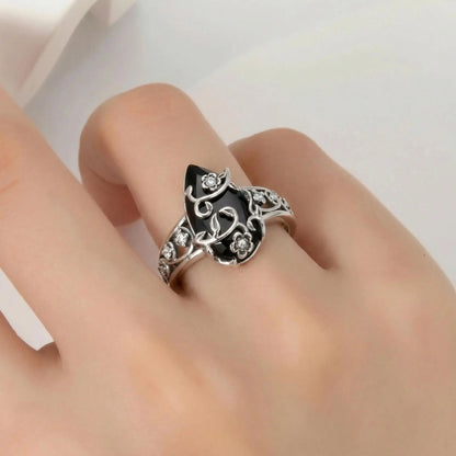 925 Sterling Silver Synthetic Obsidian Ring with Vintage Flower Design, Elegant Black Lab Grown Diamond Ring Jewelry for Women, Energy Crystal Ring Perfect for Daily Wear and Birthday Party, Mother's day Gift