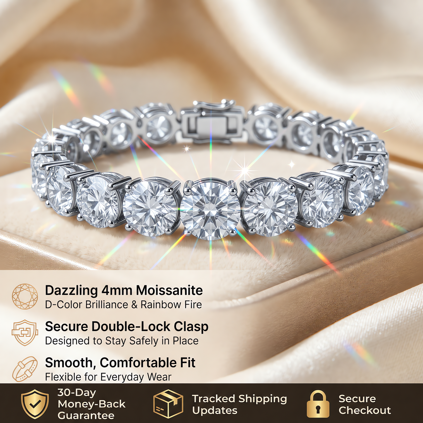 [Last day – 90% off!] Classic 4mm D-Color Moissanite Tennis Bracelet – 14K Gold Plated with Double Safety Clasp-Last Day Sale-90% OFF🔥