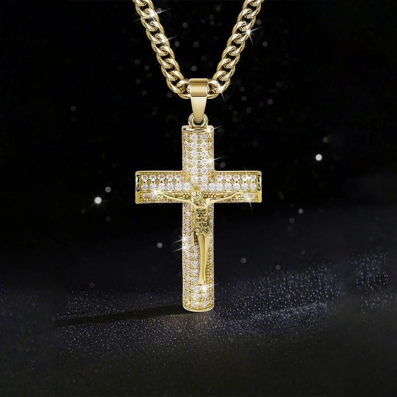 60% OFF! ✝️ Jesus Crucifix Pendant Necklace - 14K Real Gold-Plated Cross Necklace for Men, Advanced Nanotech Tarnish-Free Cuban Figaro Rope Miami Chains with Jesus Crucifix Pendant, 24” Long , Christian Religious Jewelry Gift