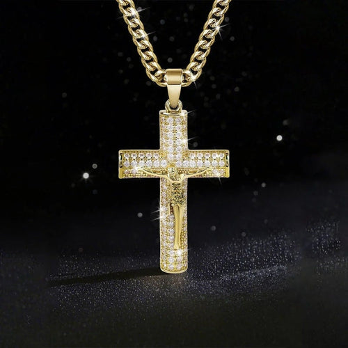 60% OFF! ✝️ Jesus Crucifix Pendant Necklace - 14K Real Gold-Plated Cross Necklace for Men, Advanced Nanotech Tarnish-Free Cuban Figaro Rope Miami Chains with Jesus Crucifix Pendant, 24” Long , Christian Religious Jewelry Gift