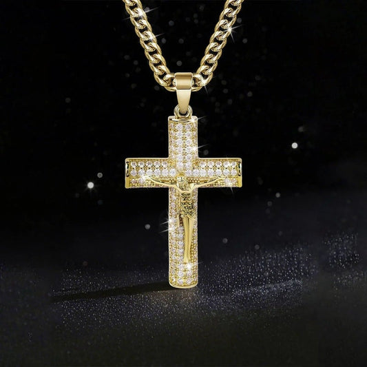 60% OFF! ✝️ Jesus Crucifix Pendant Necklace - 14K Real Gold-Plated Cross Necklace for Men, Advanced Nanotech Tarnish-Free Cuban Figaro Rope Miami Chains with Jesus Crucifix Pendant, 24” Long , Christian Religious Jewelry Gift